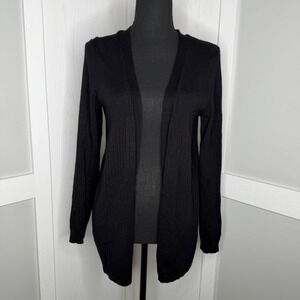 Pointelle Cardigan Sweater Womens Medium Black Ribbed Open Front Long Sleeve